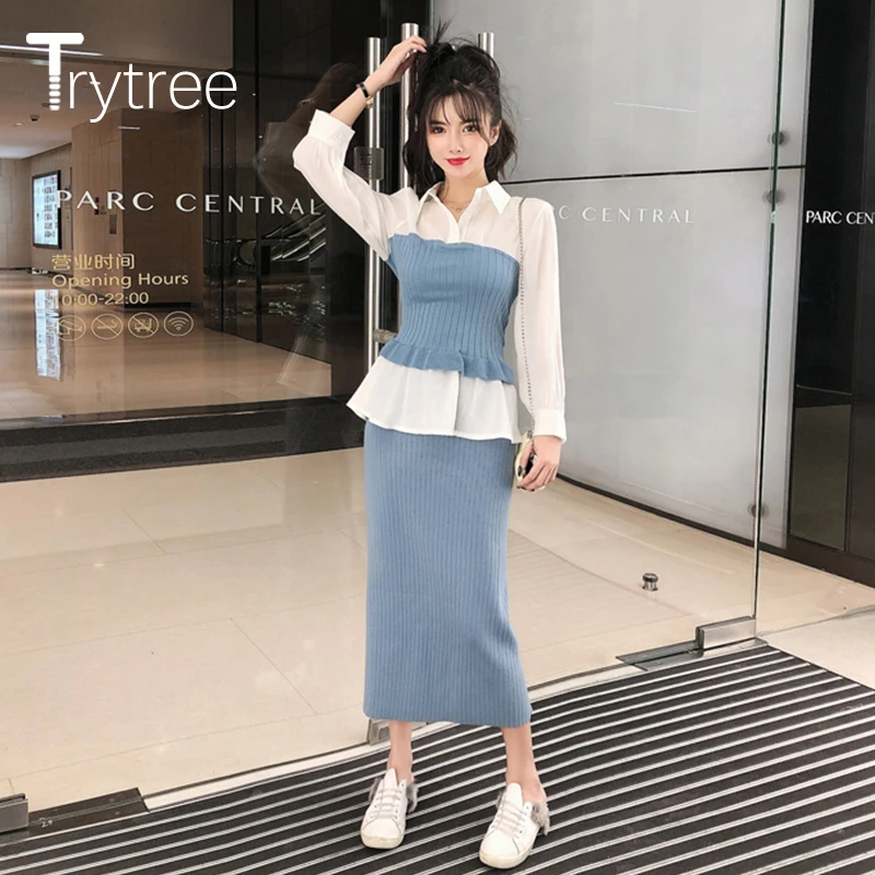 Trytree 2019 осенне зимний комплект из двух предметов Повседневный отложной воротник