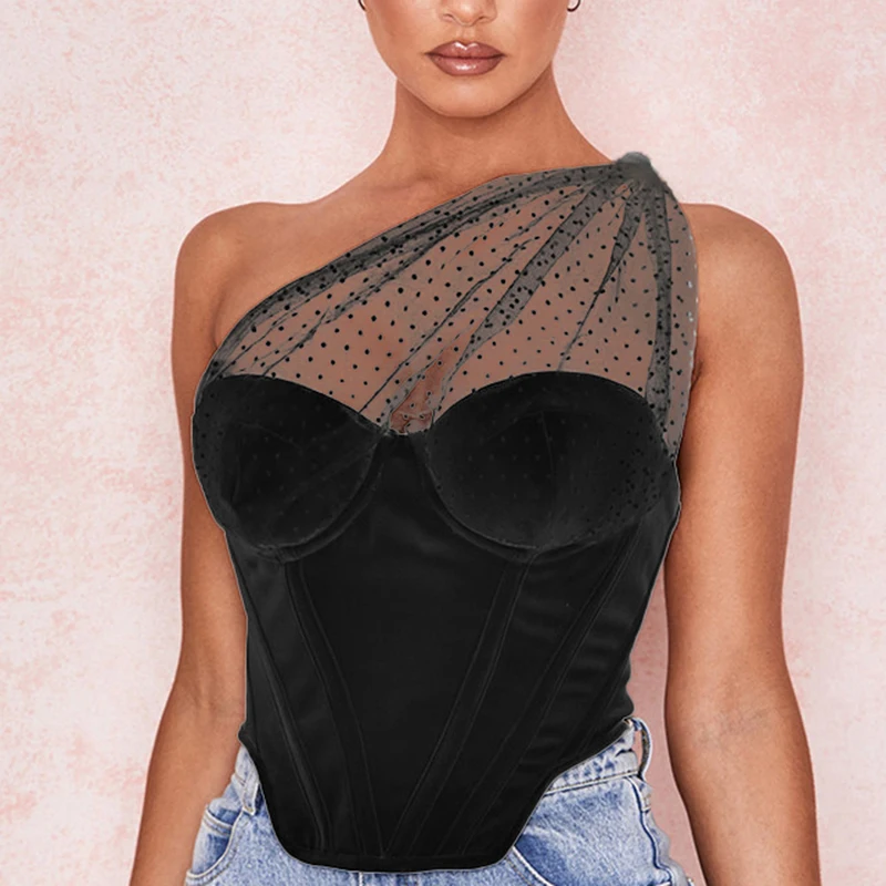 

Summer Black Crop Tops Women Splice Polka Dot Mesh One Shoulder Sexy Tank Top Push Up Padded Boned Corset White 2020