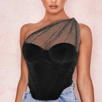 summer black crop tops women splice polka dot mesh one shoulder sexy tank top push up padded boned corset white 2020