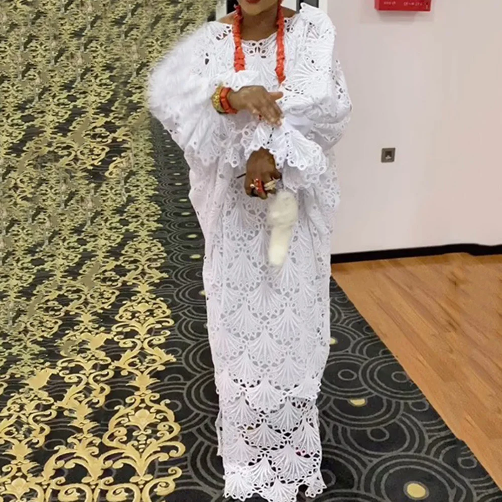 Белое кружевное платье из двух частей для женщин с длинным Расклешенным рукавом