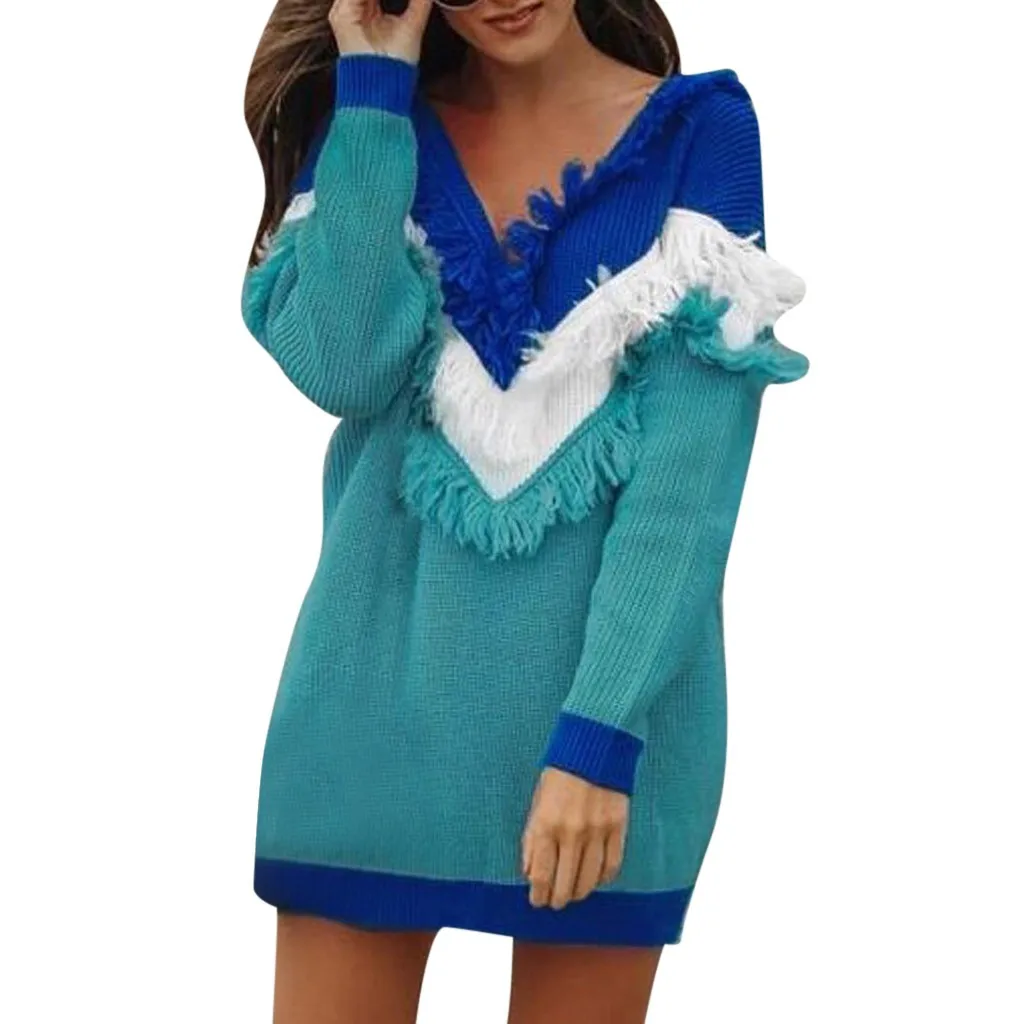 Sweater Dress Cable Knit Patchwork Fashion Women Deep V-Neck Tassels Color Block Loose Long Shirt Swearter Dresses | Женская одежда