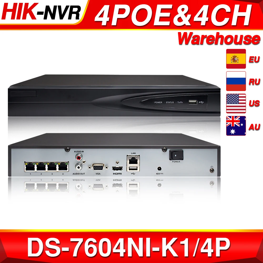 

Hikvision Original DS-7604NI-K1/4P 4CH POE Embedded Plug Play 4K PoE NVR for IP Camera CCTV System Upgradable HDD Selectable.