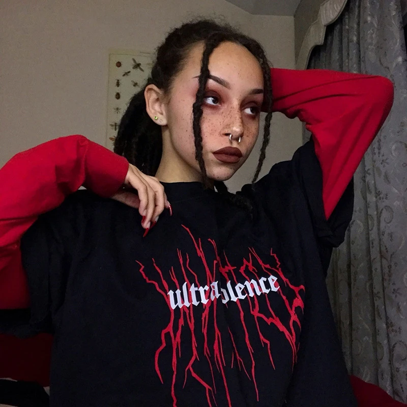 Гранж панк Готическая футболка свободная уличная одежда Харадзюку с буквенным