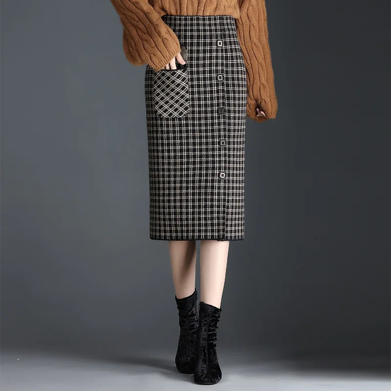 

Women Vintage Elegant Knitted Plaid Bodycon Skirt Autumn Winter Office Lady High Waist Slim Casual Mid-long Pencil Skirts 1009
