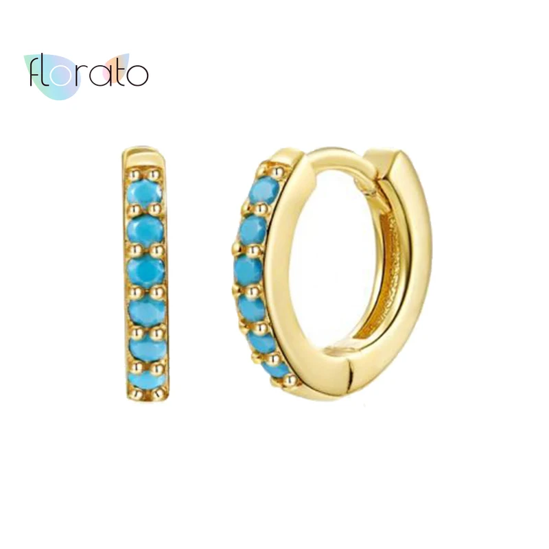 

925 silver ear buckle Hoop Earrings Charming Round Vintage Turquoise Zircon Huggies Earring Stud Piercing Pendientes For Girls
