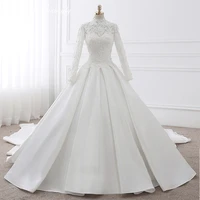 luxury wedding dresses long sleeve high collar lace applique elegant vintage gowns handmade beads court train vestido de noiva