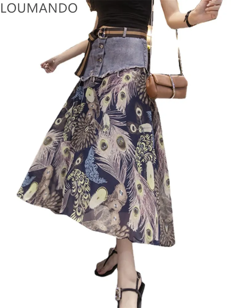 

2021New Fashion Stitching Chiffon Denim Skirt Summer Korean Temperament Long Beach Skirt Fashion Feather Print Skirt Free Belt