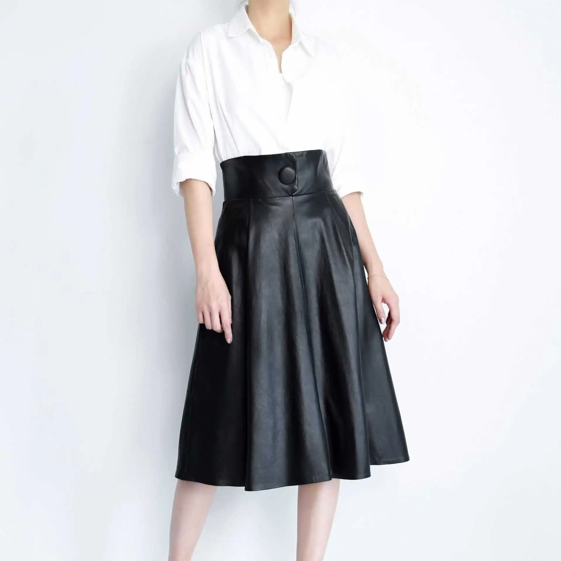 

high-rise women's Chic leather skirts Srping autumn OL elegant high quality genune leather elegant vintage skirt B396