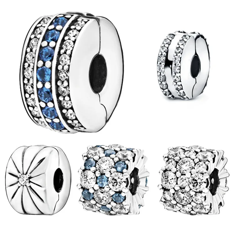 

2019 Winter New 925 Sterling Silver Beads Sparkling Blue Line Clip Charms fit Original Pandora Bracelet Women DIY Jewelry