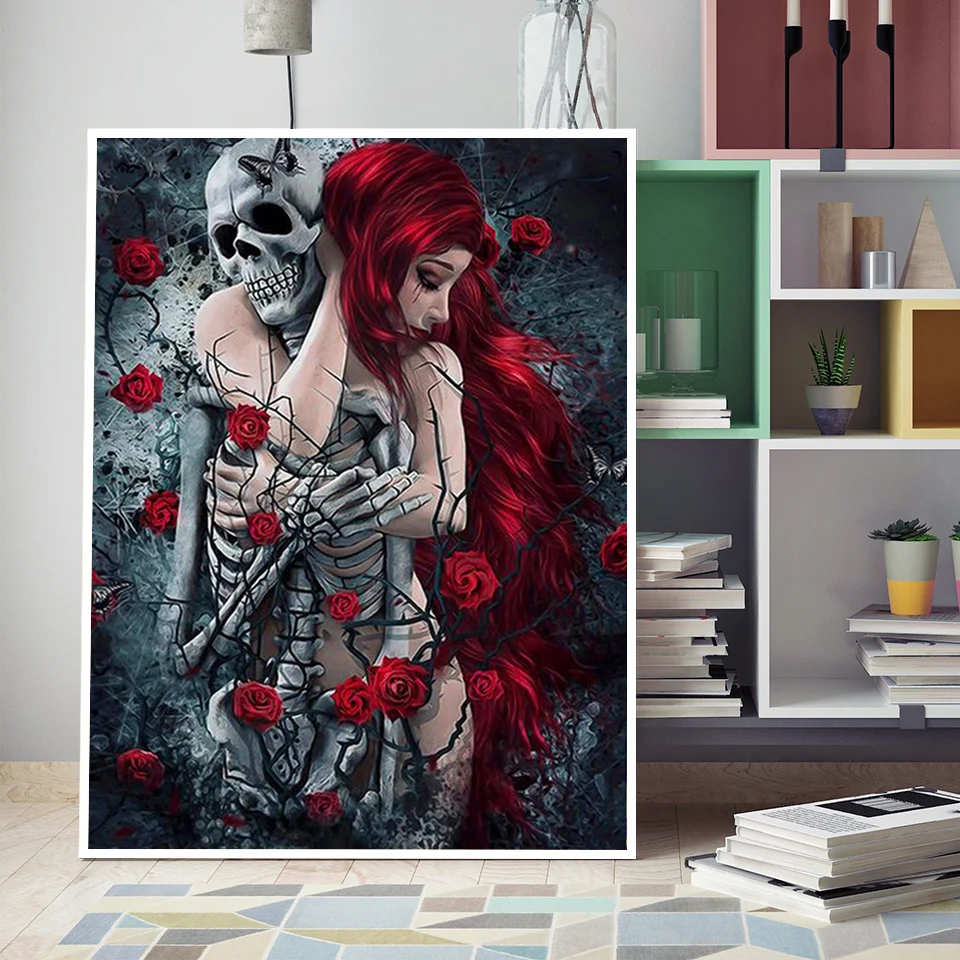 5D алмазная картина полная круглая Девушка и скелет стразы вышивка Алмазная