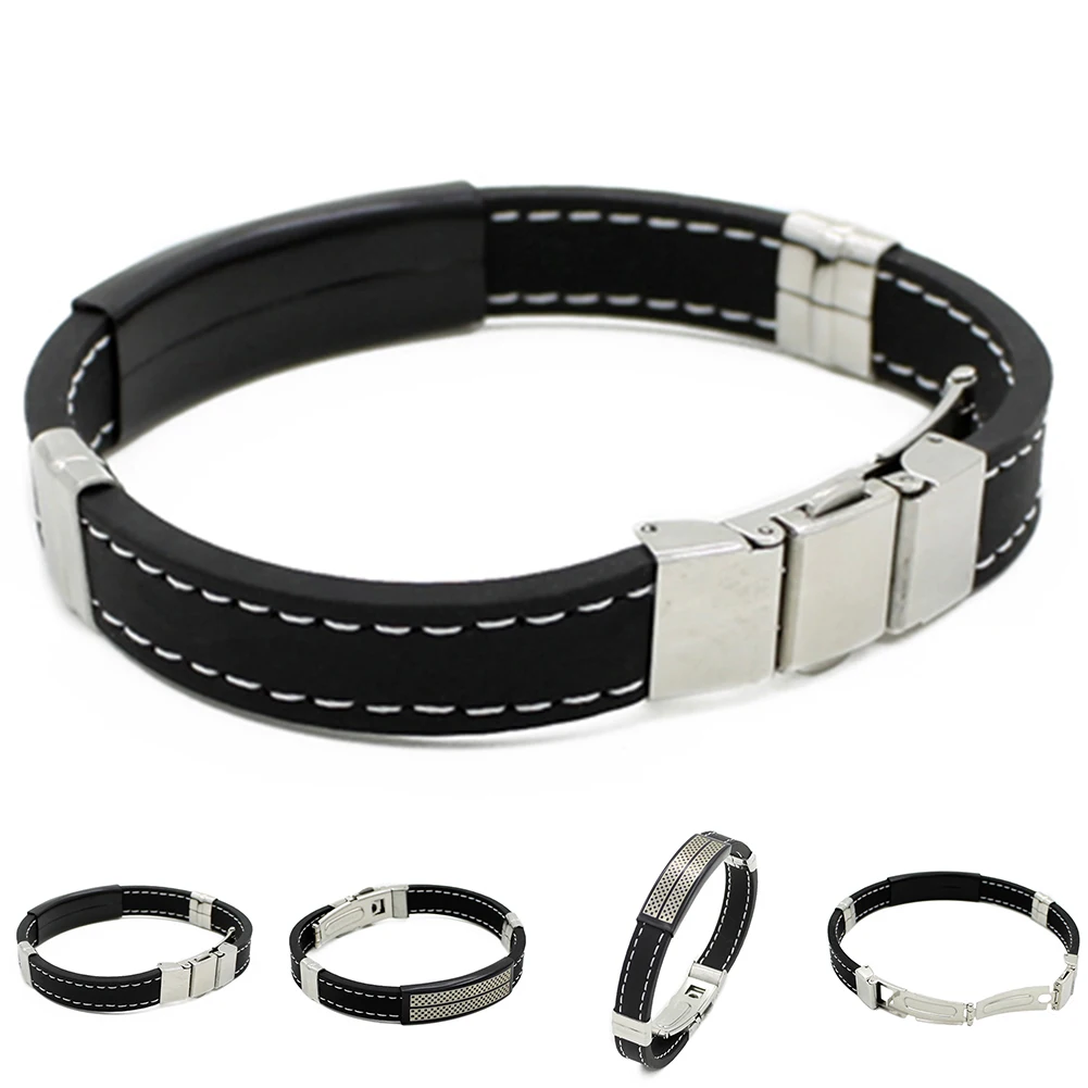 Мода черный серебристый цвет Нержавеющая сталь манжеты резиновый браслет Для