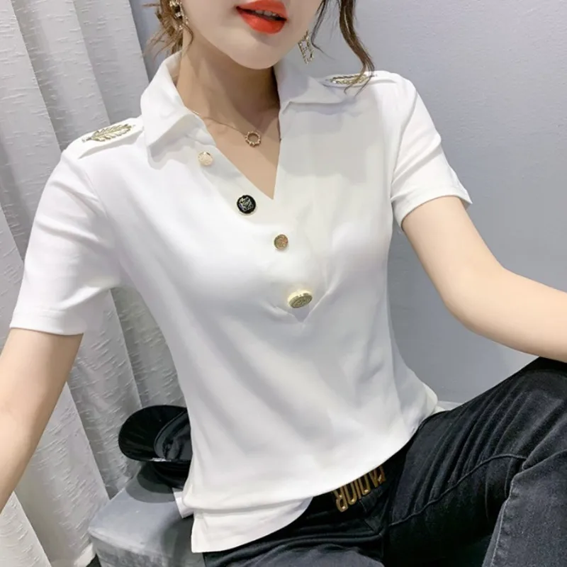

#6048 White Black T Shirt Women Turn-down Collar Buttons Slim Summer Tee Shirt Femme Short Sleeved T Shirt High Quality Fashion