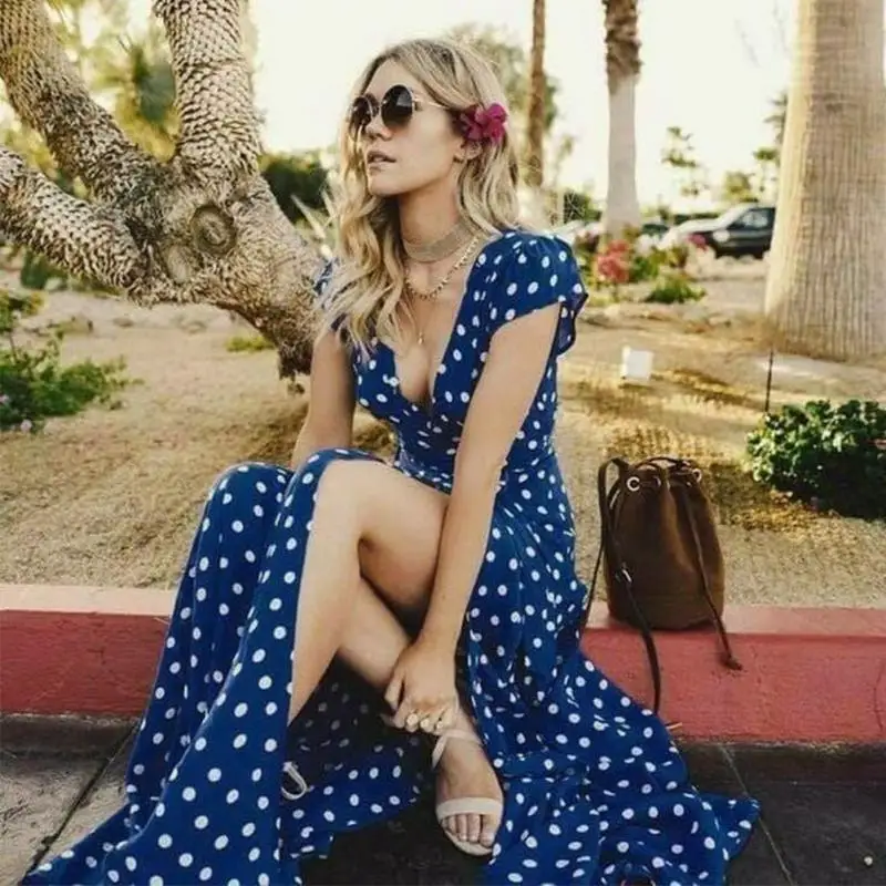 Женское длинное платье в горошек Повседневные Вечерние Платья макси красного