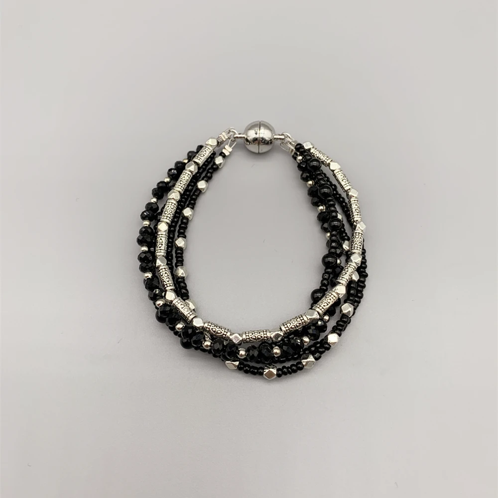 

5 Strands of 4mm Black Onyx Bracelet With 3*4mm Black Crystals Antique Silver Beads Magnetic Clasp For Women Girls Gift 7.5 Inch
