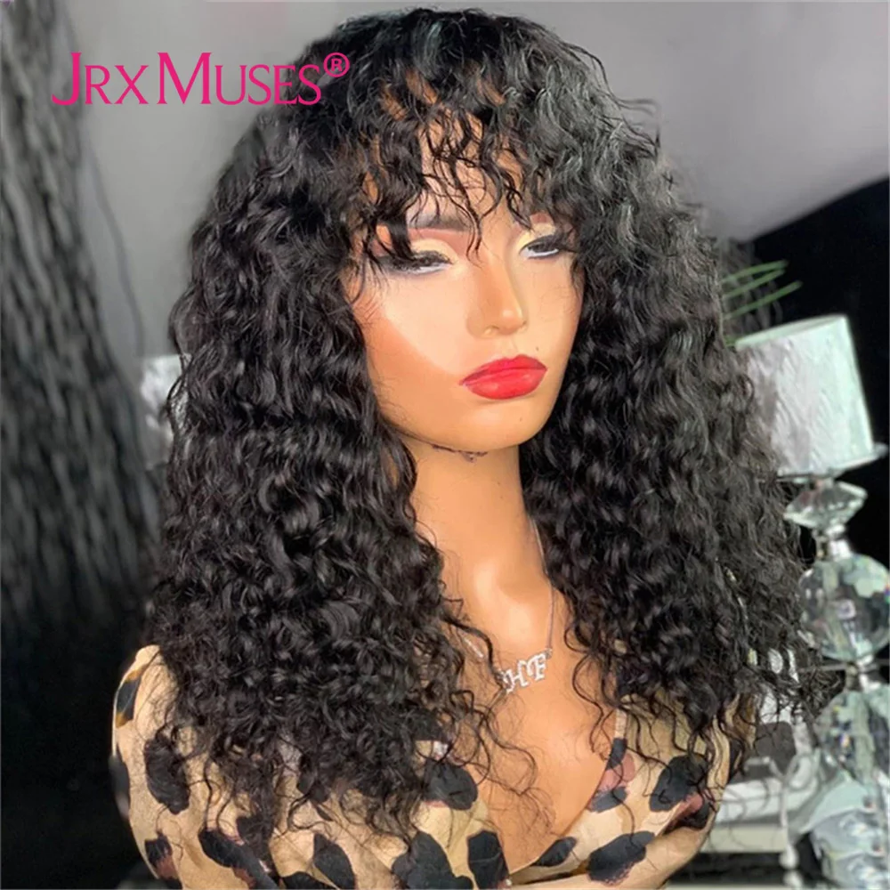 Water Wave Natural Black Colored Human Hair Wigs With Bangs Full Machine Made Wig Brazilian Remy Hair Fringe Wig For Women