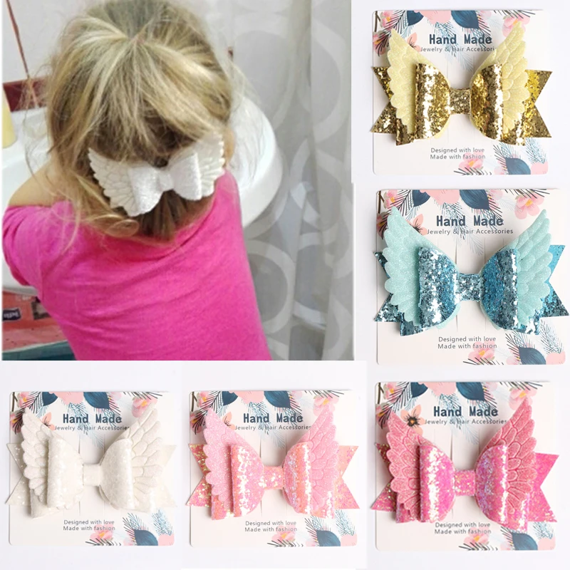 Крылья Ангела банты для волос двухслойные шпильки с Блестками Блестящие заколки