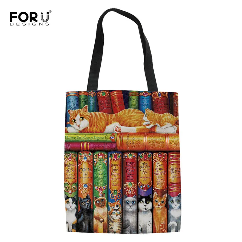 

FORUDESIGNS Women's Cloth Bag Portable Shoulder Bags Bookshelf and Cat Design Canvas Shopping Bags Ladies Casual Light Crossbody