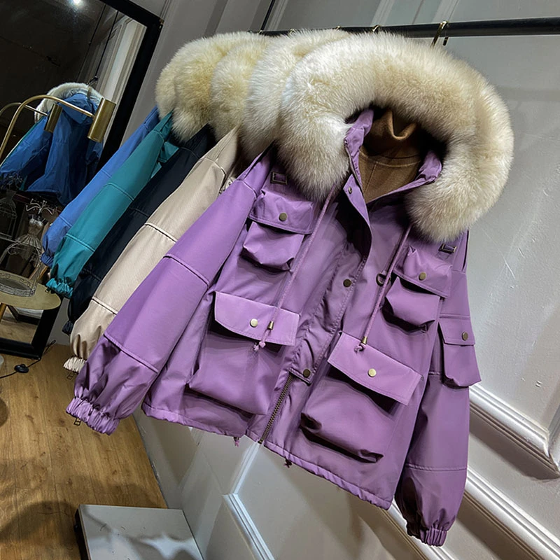 90% белый утиный пух женские толстые парки большой натуральный Лисий мех зимняя