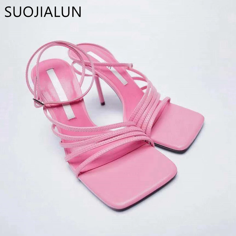 

SUOJIALUN 2022 New Band Ankle Strap Women Sandals Fashion Narrow Band Thin High Heels Gladiator Sandal Ladies Party Dress Pumps
