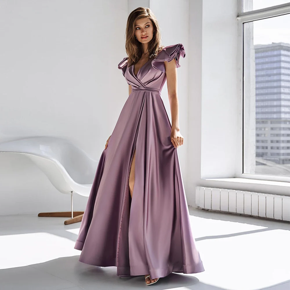

EAEOVN Purple Prom Dress A Line Deep V Neck Ruched Sleeves Belt Zipper Prom Gown Classic Pleat Floor Length Slit Formal Gown