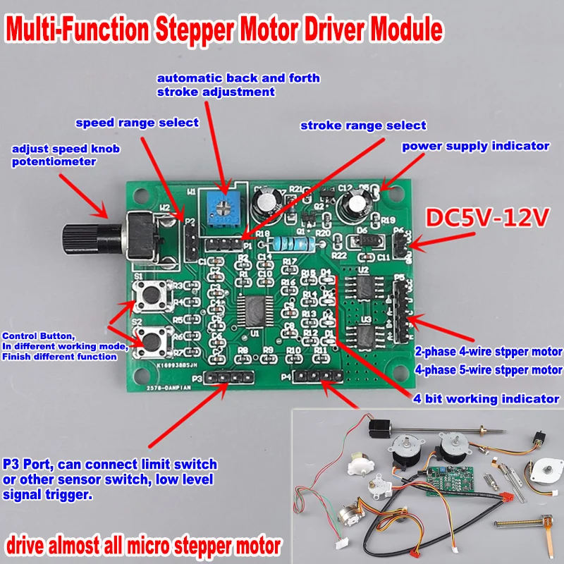 

DC 5V-12V 6V Stepper Motor Driver Mini 2-phase 4-wire 4-phase 5-wire Multifunction Step Motor Speed Controller Module Board