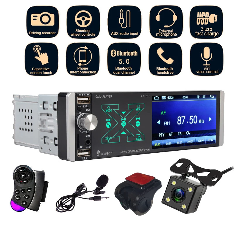 

1 Din MP5 Car Radio 4188TM AI AUX SD U FM Disk Artificial Intelligence Touch FM Siri 1080P Mirror Link Bluetooth 5.0 4.1''