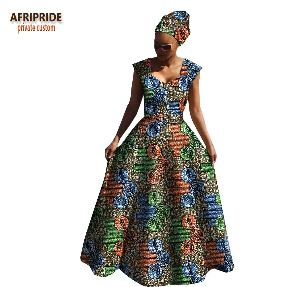 Afripride, Африканское весеннее Хлопковое платье для женщин, без рукавов, v-образный вырез, длина до пола, женское платье с повязкой на голову A1825039 - Цвет: 560J