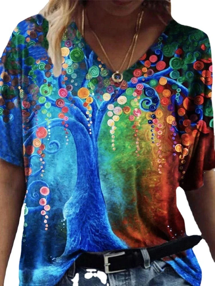 

3D Floral Print Women T Shirt Boho Short Sleeve V-Neck Tops Casual Plus Size Loose Lady Tee 2021 New Summer Clothes