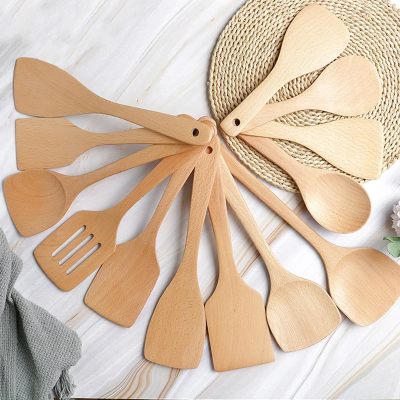 Wood color wooden tableware spatula wholesale beech long handle cooking shovel non-stick kitchen set | Дом и сад