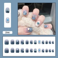 24 pcsset of blue sky and white clouds fake nails wearable nails detachable aurora butterfly nail sheet repair decal