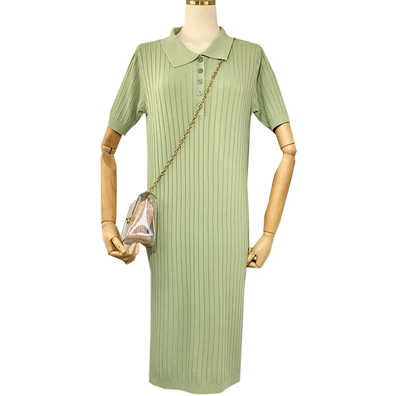 

2021 Spring and Summer New Korean Style Slimming and Simple Fashion All-Match Side Slit Mid-Length Short Sleeve Knitted Dress
