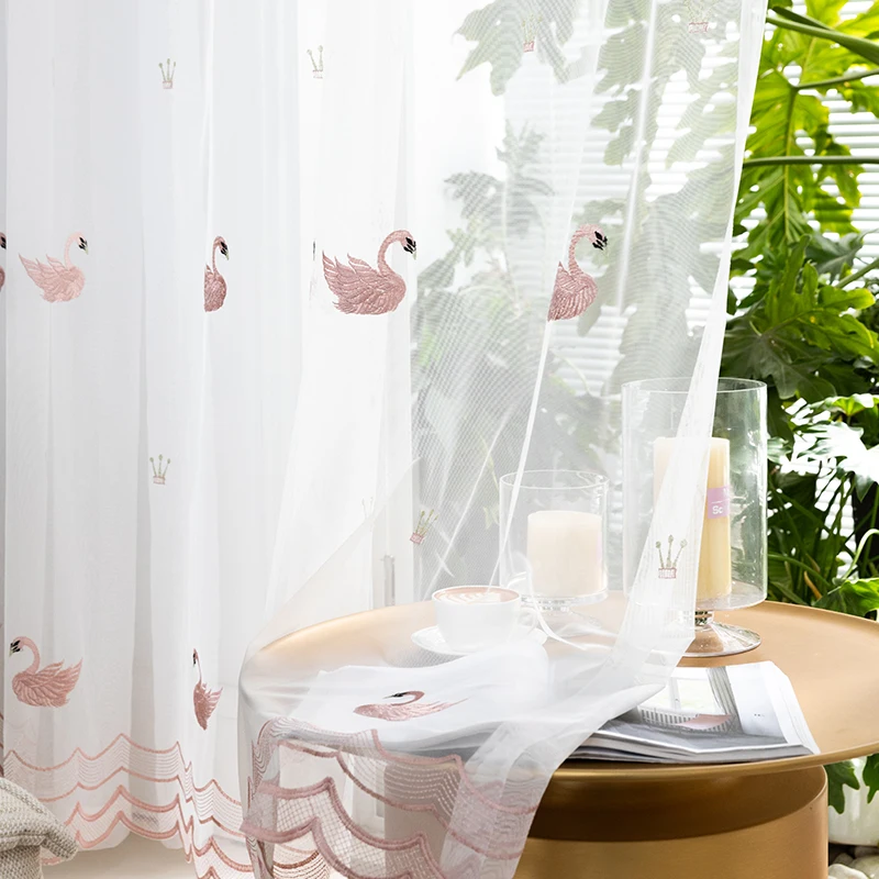 Занавески из вуали с вышивкой в виде лебедя для гостиной белые розовые
