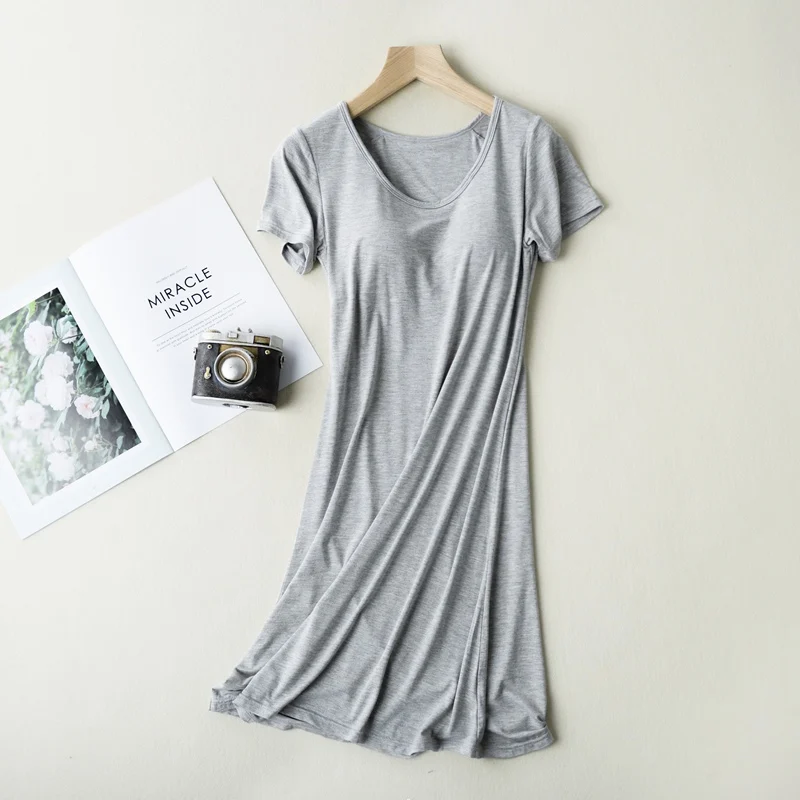 

Ladies Nightdress Modal Sleepwear With Chest Pad Comfort Mid-long Lingerie Short Sleeve 2019 Sexy Spaghetti Nightdress