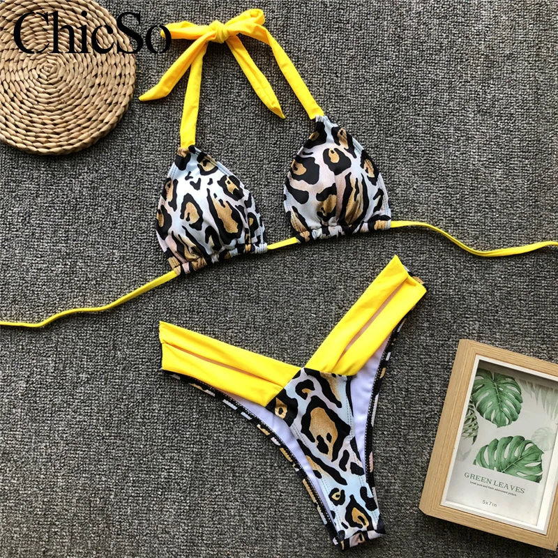 MissyChilli Sexy yellow two-piece suit lace up Bodysuit Women leopard print halter bodysuit Female summer swimwear bathing | Женская