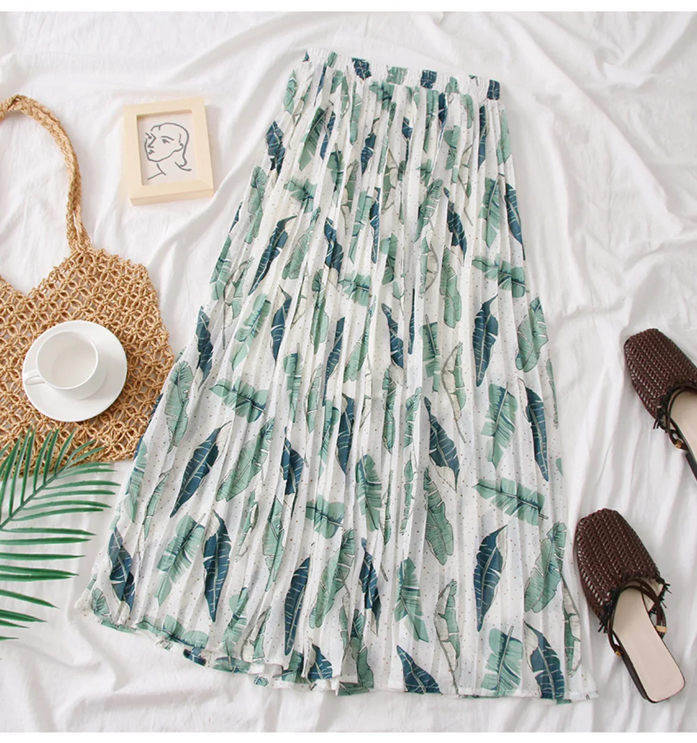 

Leaf-Print Half-Length Skirt Female Spring Summer Long A-Line Retro High-Waisted Skirt Women's Casual Chiffon Pleated Skirts
