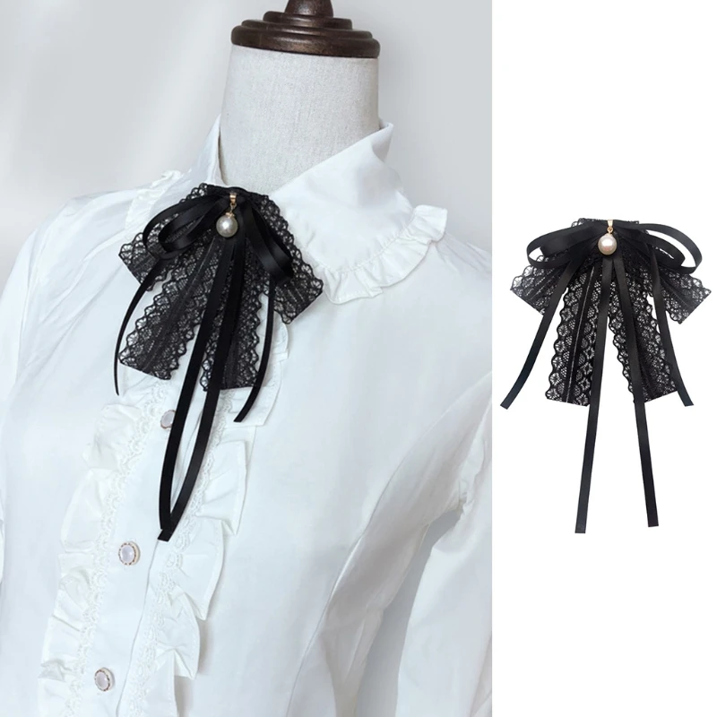 

Women Girls Black Lace Ribbon Bow Tie Faux Pearl Pendant Brooch Pin Necklace Uniform Shirt Blouse Pre-Tied Jabot Collar