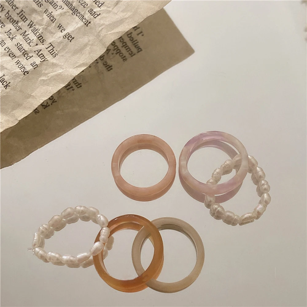 2/3Pcs Leopard Vintage Colorful Acetate Resin Pearl Rings Sweet Temperament Round Finger Rings Women Girls Delicate Jewelry Gift