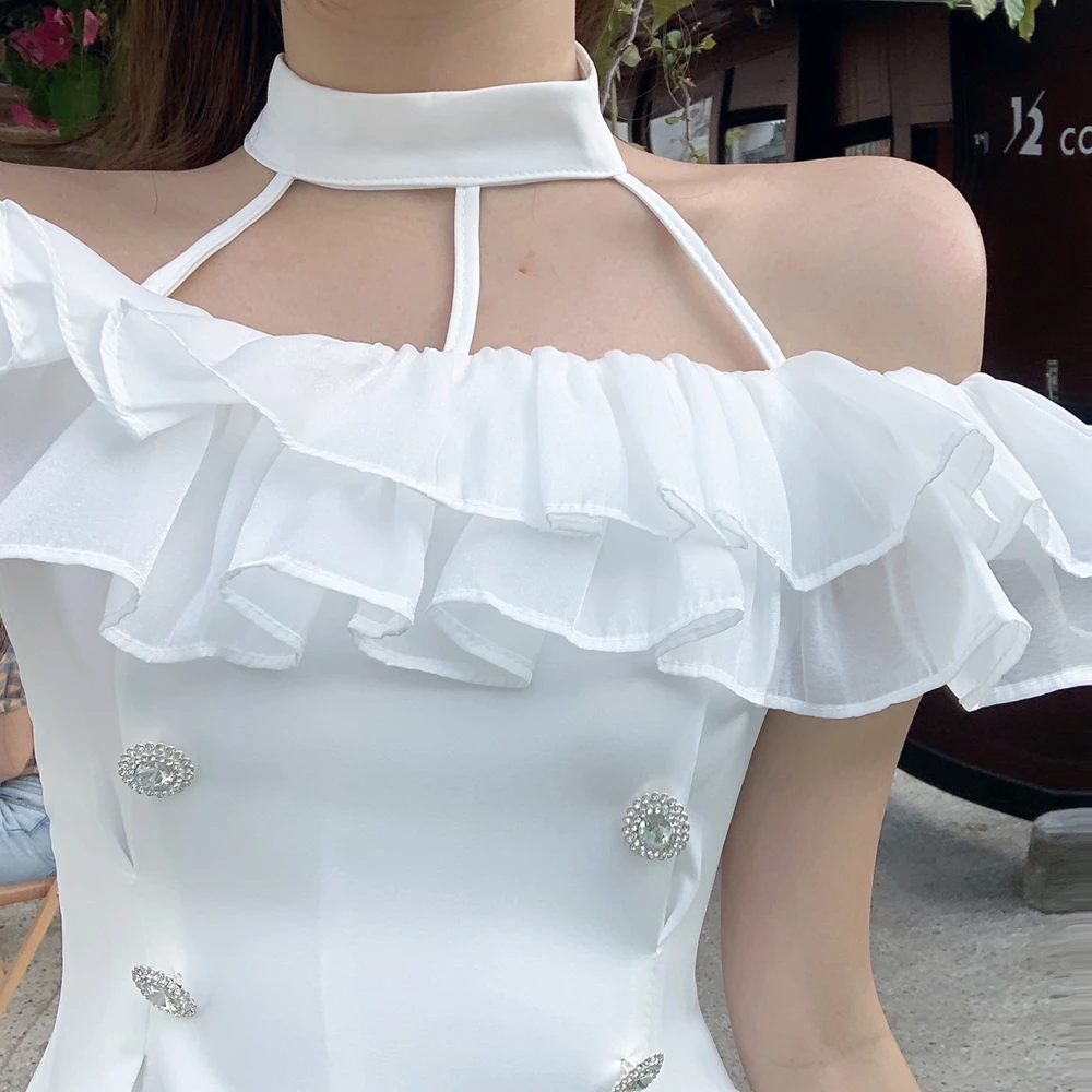 

Summer New Women Sexy Slim Double Breasted Elegant Patchwork Ruffles Slash Neck Dress Ladies Casual Hollow Out Halter Dress 2021