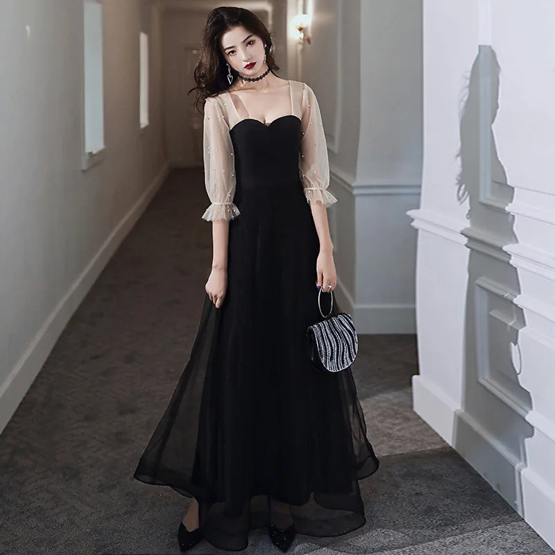 

2021 Чонсам с рукавами-фонариками, черное Сетчатое плиссированное платье-Ципао с вырезом сердечком, вечернее платье на молнии, сексуальные пл...