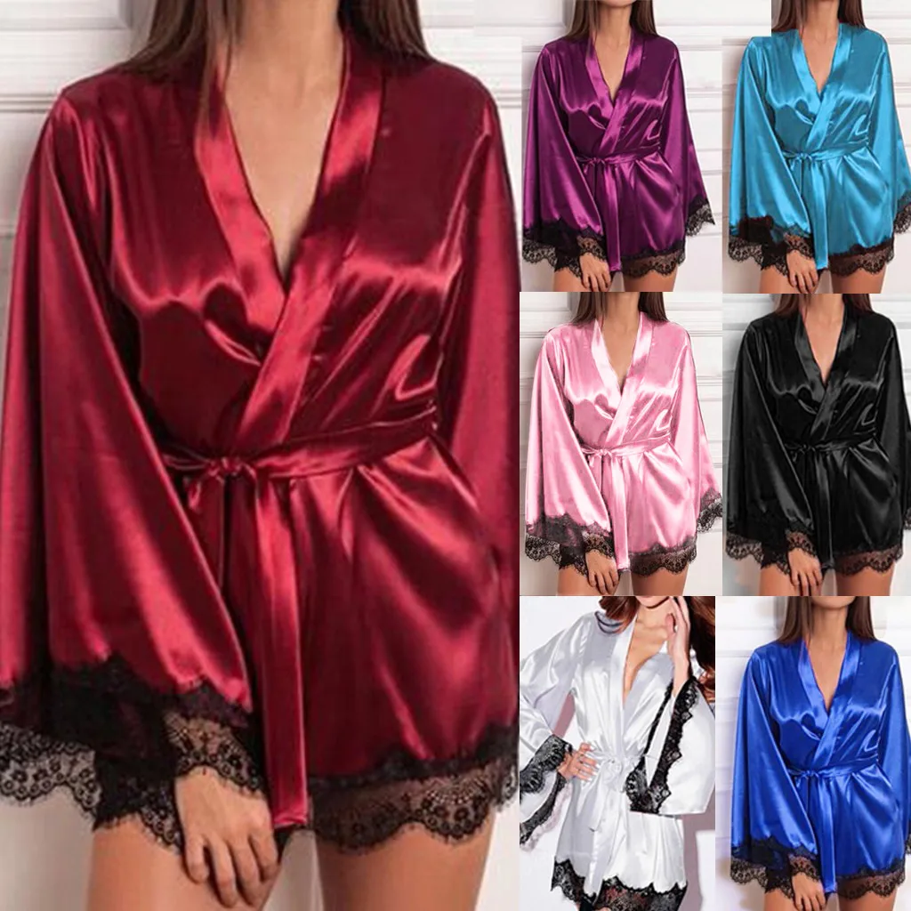 

2021 Women Satin Nightdress Sexy Lingerie Silk Lace Lenceria Sensual Mujer Pijama Nightgown Sleepwear Woman One-Piece Robe
