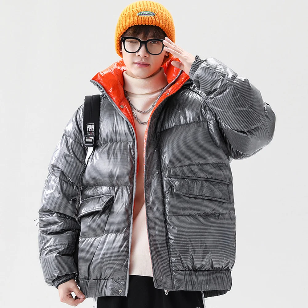 Covrlge Men Brand Winter Hooded Thick Warm Duck Down Jacket Solid Color Trend Loose Shiny Warm Coat Couples Streetwear MWY041