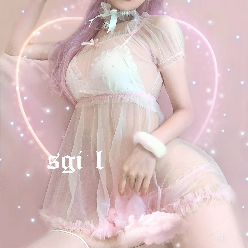 Розовая Милая газовая кружевная ночная рубашка с пышными рукавами ночное белье