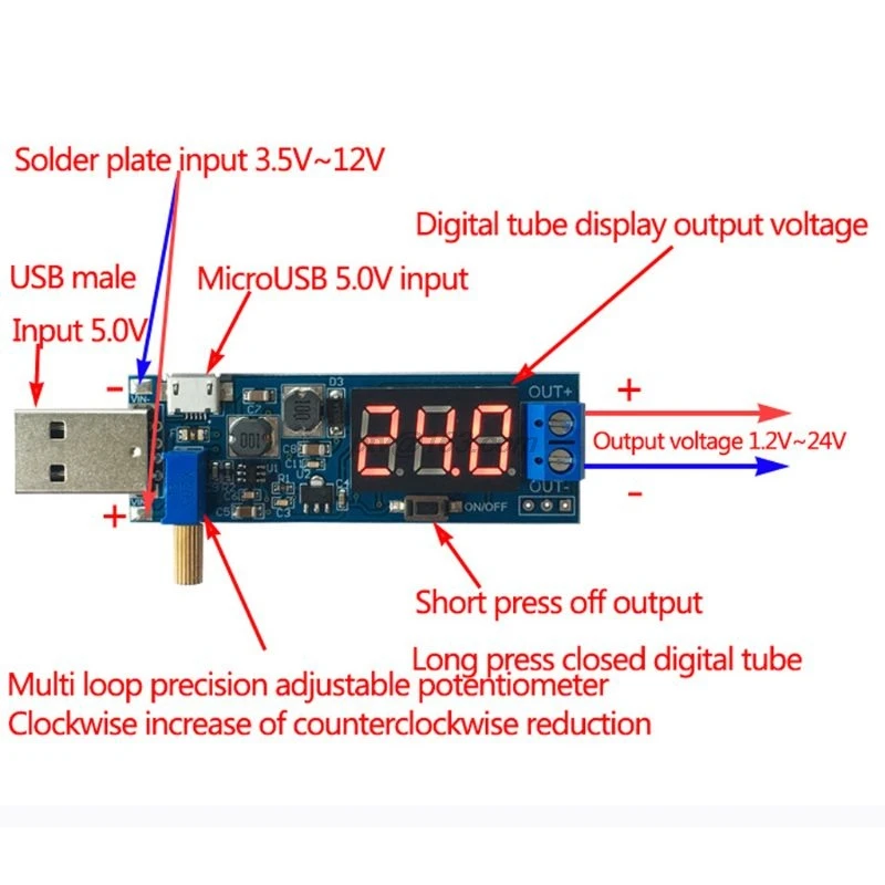 DC 5В до 1.2в 24в USB Шаг вверх/вниз Блок питания регулируемый