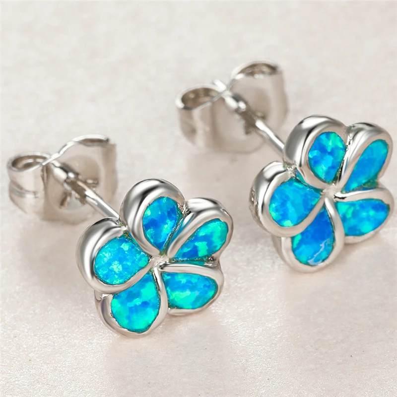 

Vintage Female Blue Opal Stone Earrings Charm Silver Color Small Stud Earrings Dainty Bride Flower Wedding Earrings For Women