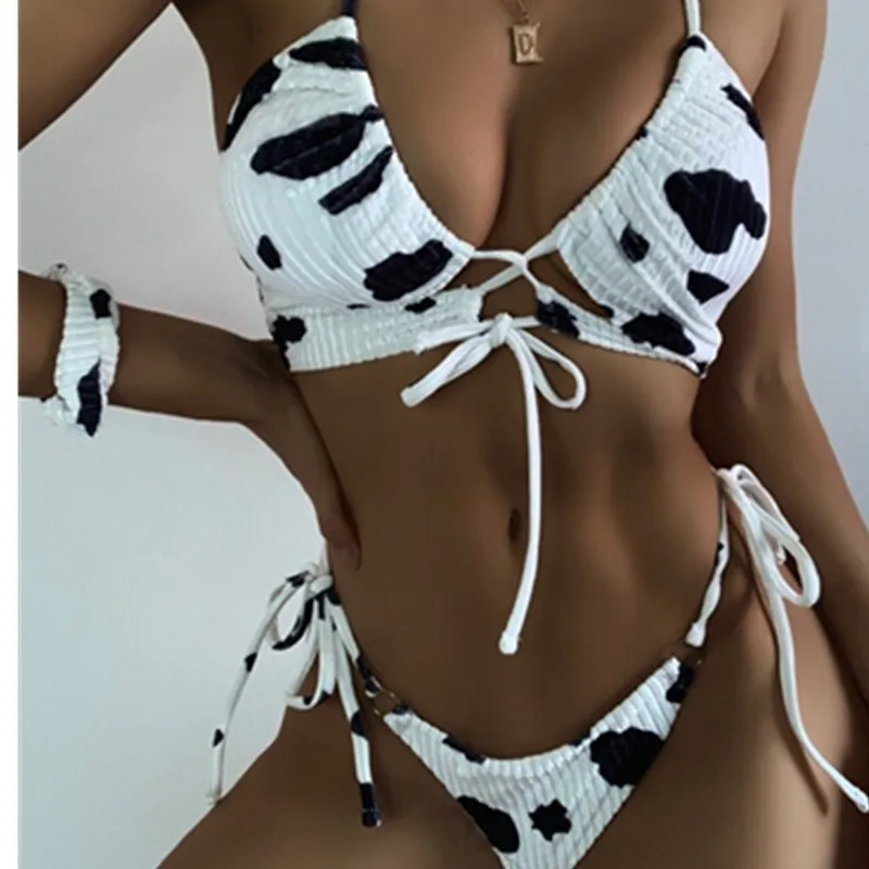 

2021 новейший купальник с коровьим принтом, кружевной раздельный купальник, сексуальное бикини с открытой спиной, купальник из двух частей