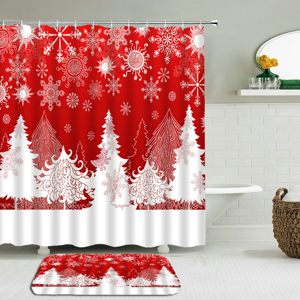 

2pcs/Set Christmas New Year Shower Curtain Set Bathroom Waterproof Non-Slip Mat Rug Toilet FloorMat Polyester Cloth Home Decor