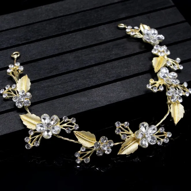 Новейшие украшения для волос с белыми кристаллами золотого цвета листья лоза
