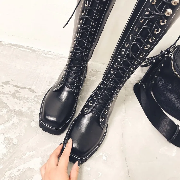 PXELENA NEW Women Motorcycle Boots Square Toe Genuine Leather Chunky Heel Punk Goth Riding Knight Lady Shoes Autumn Winter | Обувь
