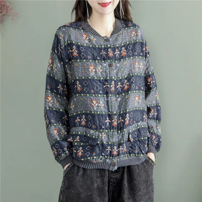 

Masss Wasss Spring Chinese Designer Streetwear Womens Casual Linen Striped Coats Ladies Vintage Floral Jakcets Printed Clothing
