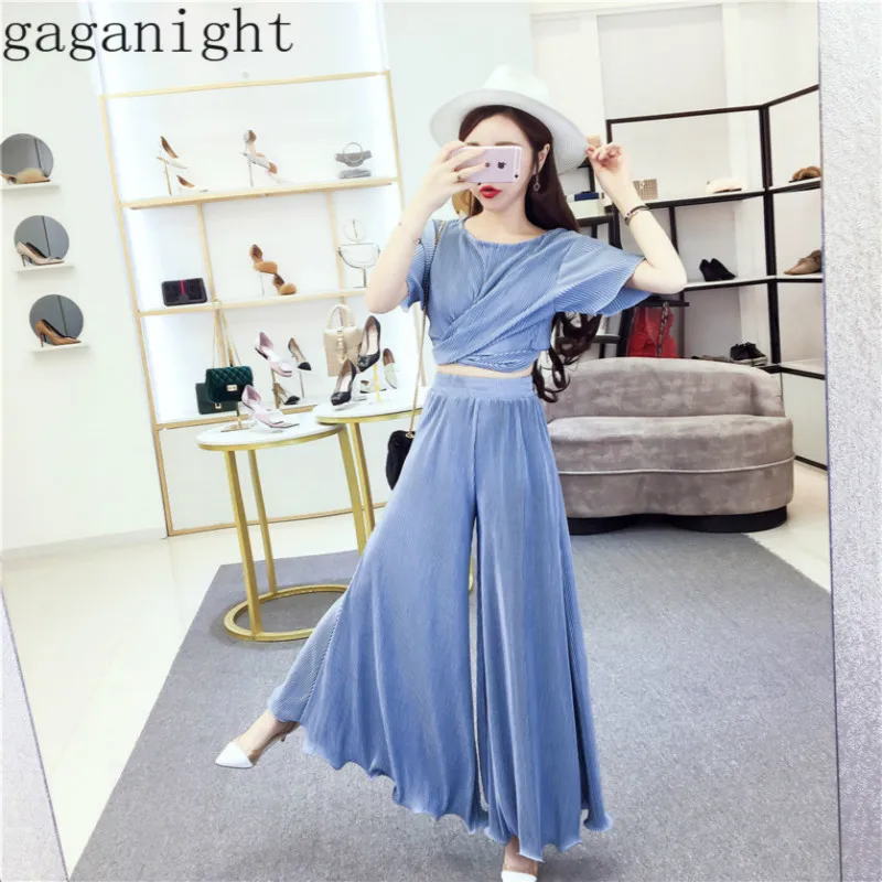 Gaganight модные женские туфли комплект из двух предметов короткие крест-накрест лук бандажный укороченный Топы Футболка шикарные оборки длинные широкие брюки для дам